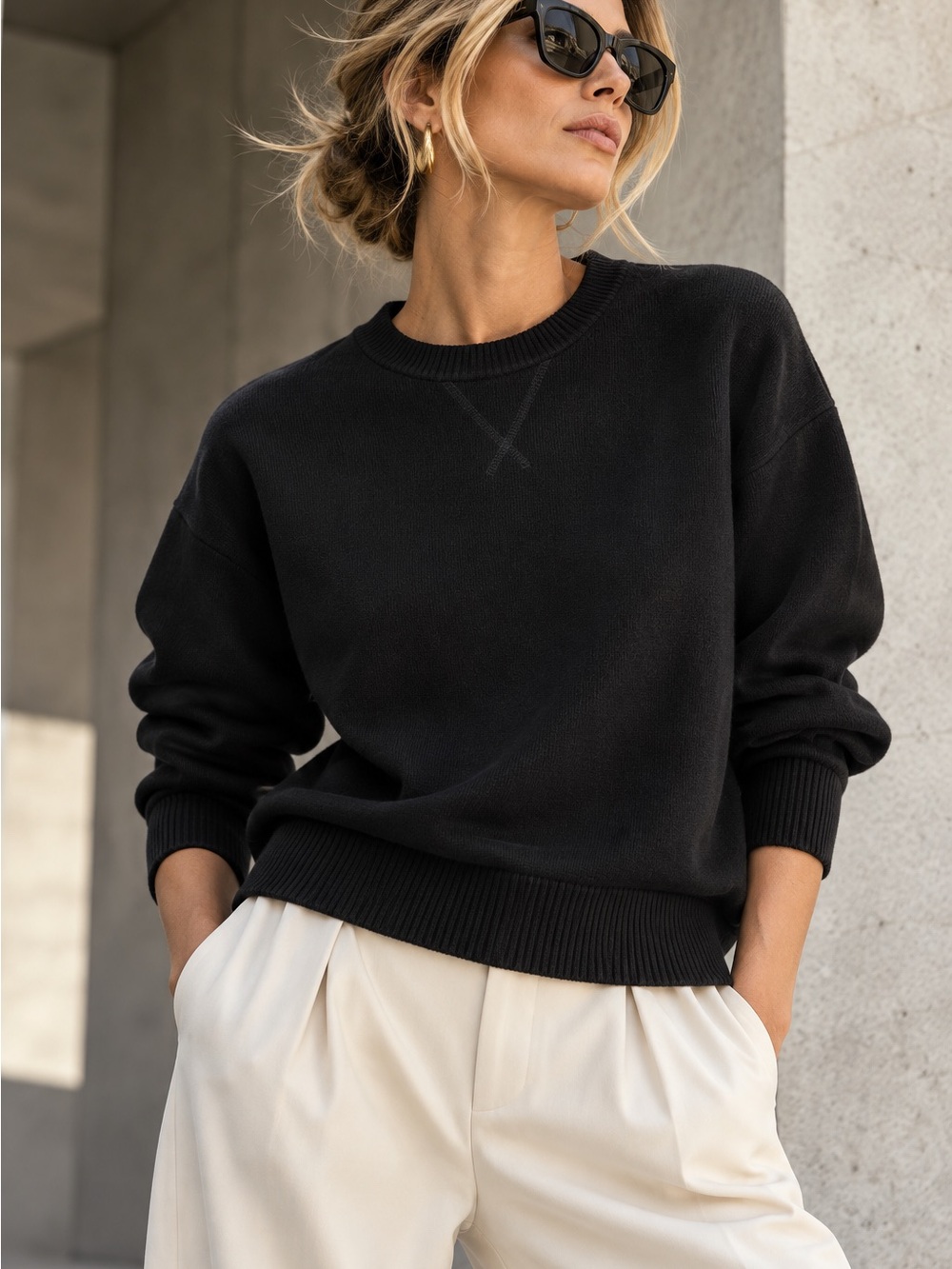 Everlane The Cotton-Merino Sweatshirt Women Sz L Black Camel Wool Quiet Luxury